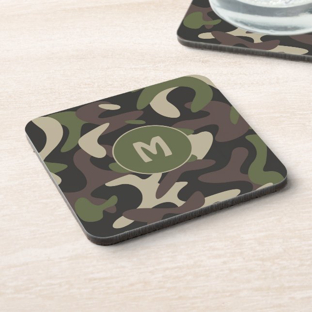 Dessous-de-verre Camouflage militaire Vert Motif Brown Monogramme (Côté gauche)