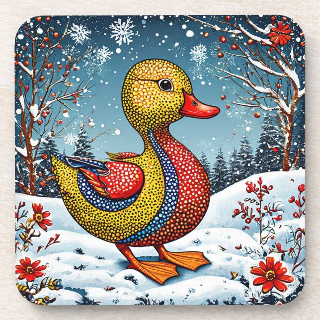 Dessous-de-verre Canard vibrant dans un bois enneigé (Devant)