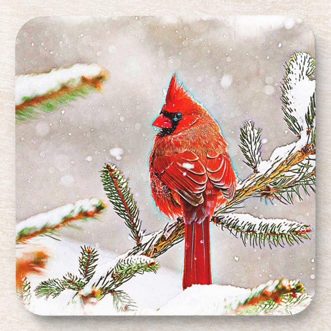 Dessous-de-verre Cardinal dans un pin en hiver (Devant)