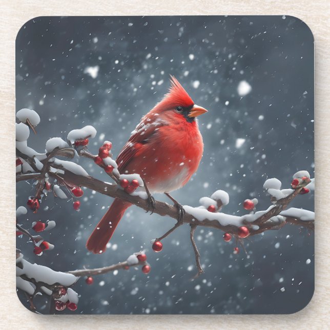 Dessous-de-verre Cardinal rouge sur la branche de l'arbre en neige (Devant)