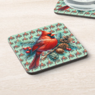 Dessous-de-verre Cardinal sur une branche de pin avec des baies d'h
