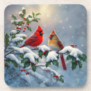 Dessous-de-verre Cardinaux rouges et houx dans la neige