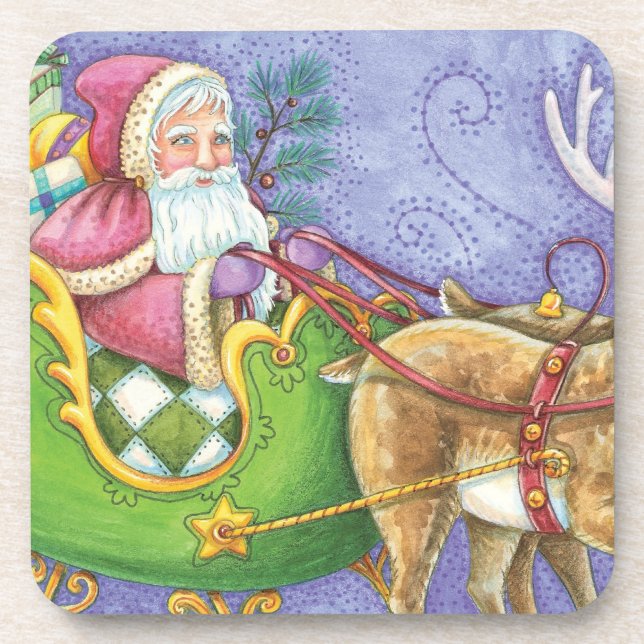 Dessous-de-verre Caricature de Noël Santa Claus Sleigh Reindeer (Devant)