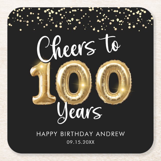 Dessous-de-verre Carré En Papier 100th Birthday Cheers to 100 Years Black Gold (Devant)