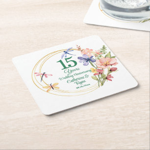 Dessous-de-verre Carré En Papier 15ème anniversaire de mariage cadre en or floral