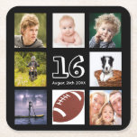 Dessous-de-verre Carré En Papier 16e anniversaire fête photo collage garçon noir<br><div class="desc">Un dessous de verre pour une fête du 16ème anniversaire pour un garçon,  célébrant sa vie avec un collage de 8 de vos photos. Modèles pour l'âge de 16 ans et une date. Date de naissance ou date de la fête. Lettres de couleur blanche. Arrière - plan noir.</div>