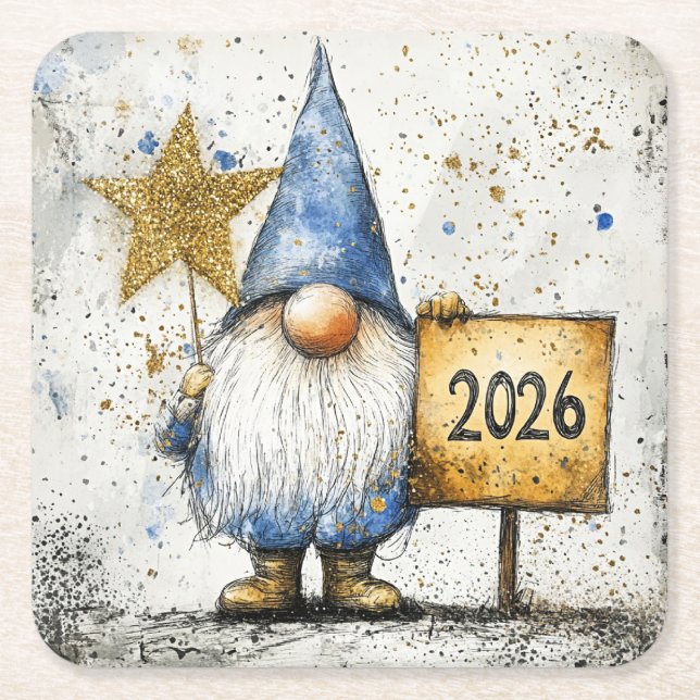 Dessous-de-verre Carré En Papier 2026, Happy New Year, gnome, (Devant)