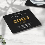 Dessous-de-verre Carré En Papier 20e anniversaire Nom 2005 Black Gold Elegant Chic<br><div class="desc">Premium 20th Birthday Black and Gold Dessous de verre de papier personnalisé - Celebration Elegance. Fêtez un anniversaire marquant dans le style avec nos dessous de verre en papier chic et de qualité supérieure, 20e anniversaire. Décorés avec goût dans des tons noir et or, ces dessous de verre apportent luxe...</div>