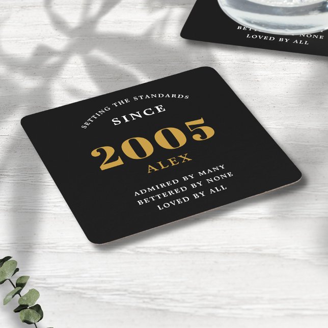 Dessous-de-verre Carré En Papier 20e anniversaire Nom 2005 Black Gold Elegant Chic (Personalized 20th birthday coaster with custom name and year of birth.)