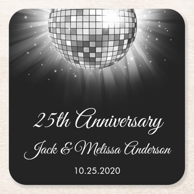 Dessous-de-verre Carré En Papier 25e anniversaire de Mariage soirée boule Disco Arg (Devant)