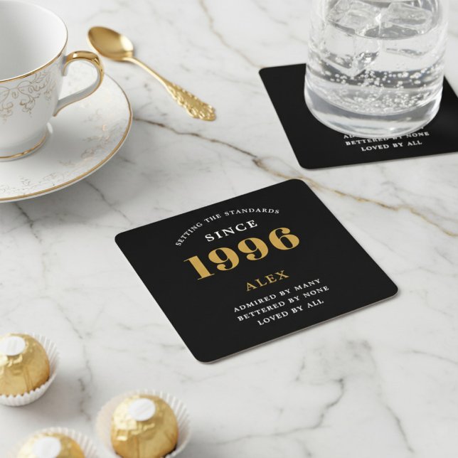 Dessous-de-verre Carré En Papier 30th Birthday Name 1996 Year Black Gold Custom (1996 coaster on a white background)
