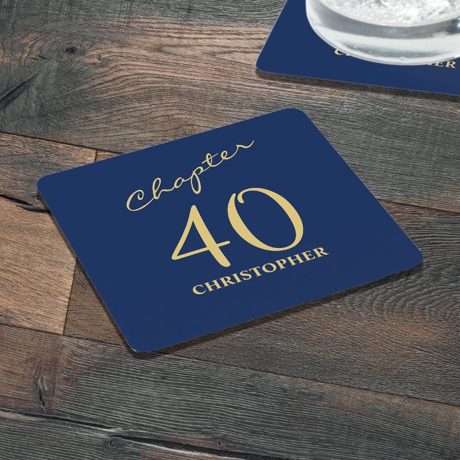 Dessous-de-verre Carré En Papier 40e anniversaire Blue Gold Chapitre 40 (Personalized 40th birthday paper coasters in blue and gold.)