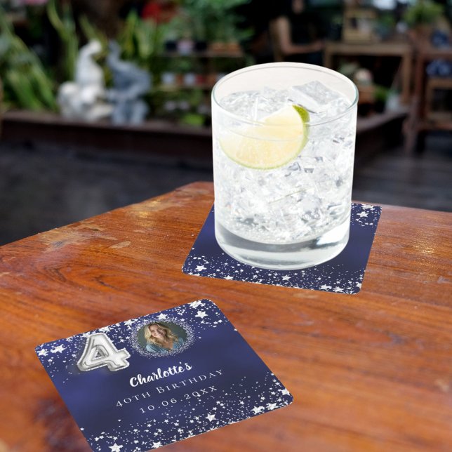 Dessous-de-verre Carré En Papier 40e anniversaire marine bleu argent étoiles photo (Créateur téléchargé)