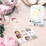Dessous-de-verre Carré En Papier 40e anniversaire photo collage blanc<br><div class="desc">Un dessous de verre de fête pour une fête de 40e anniversaire,  célébrant sa vie avec un collage de 8 de vos photos. Modèles pour un nom,  âge 40 et une date. Date de naissance ou date de la fête. Corail et lettres bordeaux. Fond blanc.</div>