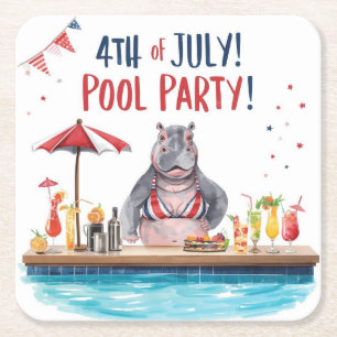 Dessous-de-verre Carré En Papier 4 juillet Hippopotame Bikini dans une fête au bord