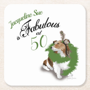 Dessous-de-verre Carré En Papier 50 et fabuleux Anniversaire Sheltie Chien Vert