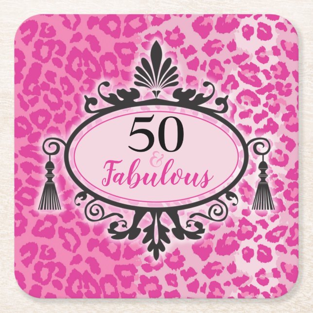 Dessous-de-verre Carré En Papier 50 et fabuleux Leopard rose 50e Anniversaire servi (Devant)