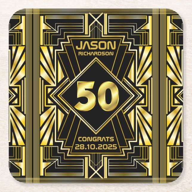 Dessous-de-verre Carré En Papier 50e anniversaire Art Déco Gold Black Great Gatsby (Devant)