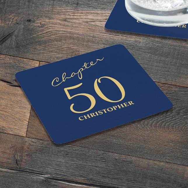 Dessous-de-verre Carré En Papier 50e anniversaire Blue Gold Chapitre 50 (Personalized 50 birthday paper coasters. Blue and gold unique design.)