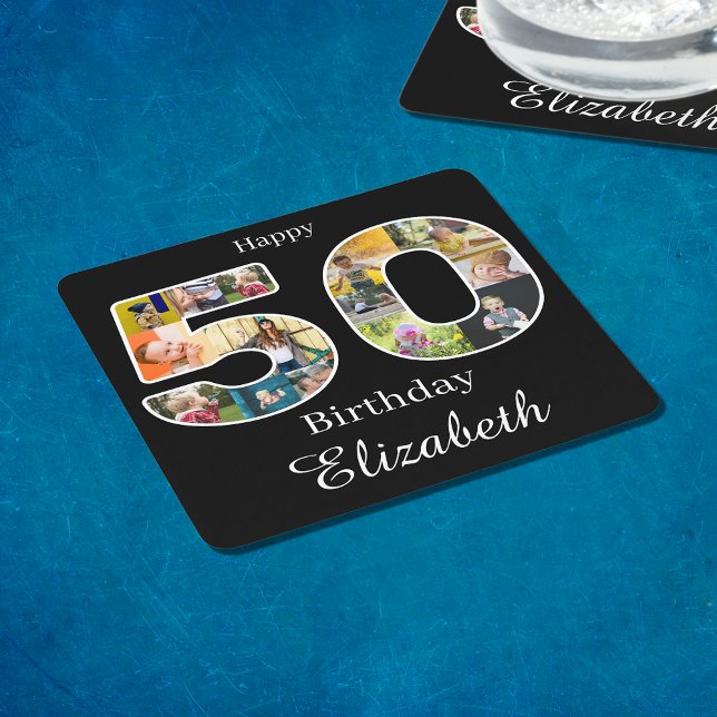Dessous-de-verre Carré En Papier 50e anniversaire Créez votre propre photo multipho (Personalized 50th birthday party drinks coasters with photo collage.)