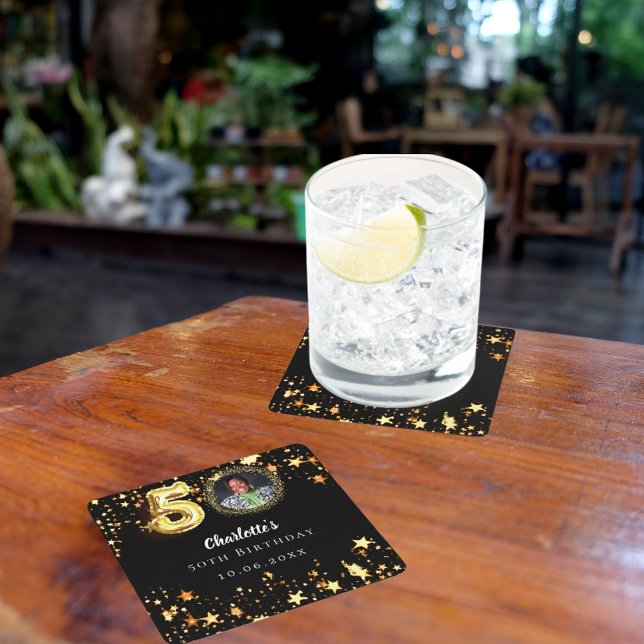 Dessous-de-verre Carré En Papier 50e anniversaire noir étoiles d'or photo (Créateur téléchargé)