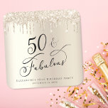 Dessous-de-verre Carré En Papier 50e anniversaire Parties scintillant Gold<br><div class="desc">Elégant et chic personnalisé 50ème anniversaire dessous de verre avec "50 & Fabulous" dans un script élégant contre un arrière - plan de faux feuille d'or,  avec des gouttes de fausse parties scintillant d'or. Vous pouvez personnaliser avec son nom et la date de la fête.</div>