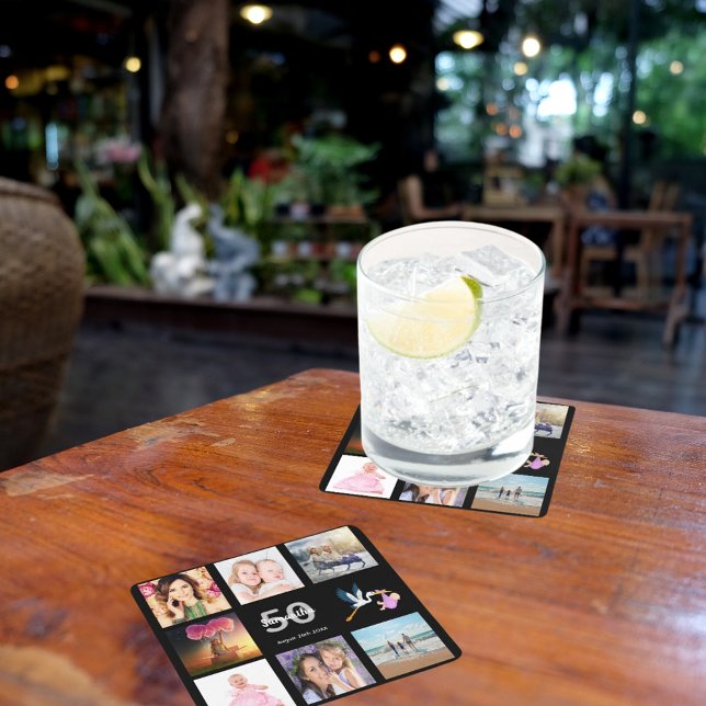 Dessous-de-verre Carré En Papier 50e anniversaire photo collage noir (Créateur téléchargé)