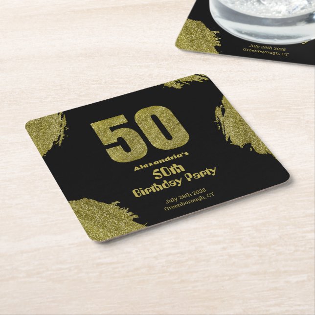 Dessous-de-verre Carré En Papier 50th birthday black gold glitter party (Incliné)