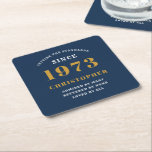 Dessous-de-verre Carré En Papier 50th Birthday Born 1973 Ajouter Nom Blue Gold<br><div class="desc">Anniversaire personnalisé ajoutez votre nom et votre dessous de verre d'année. Modifiez le nom et l'année avec le modèle fourni. Un merveilleux accessoire de fête d'anniversaire personnalisé. Plus de cadeaux et de fournitures de fête disponibles avec le design "de normes de fixation" dans le magasin.</div>