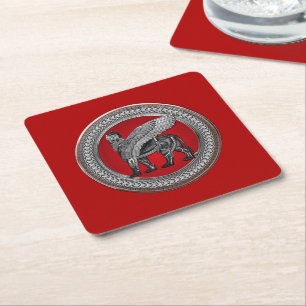 Dessous-de-verre Carré En Papier [600] Lion ailé assyrien : Argent et Lamassu noir