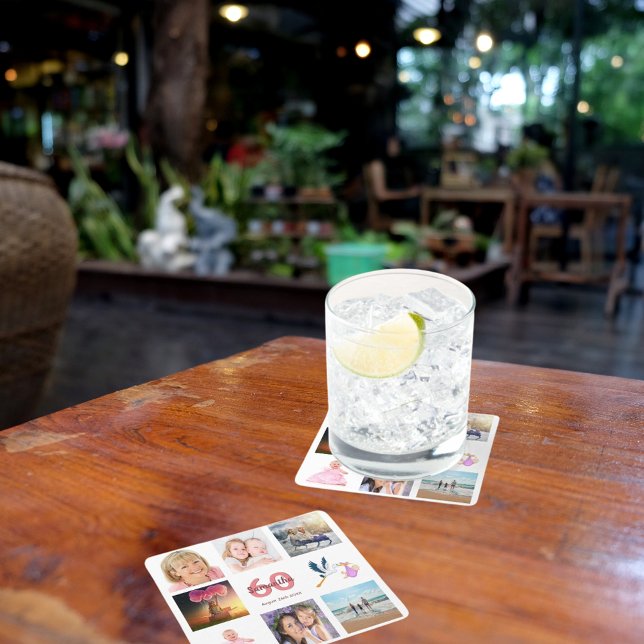 Dessous-de-verre Carré En Papier 60e anniversaire fête photo collage (Créateur téléchargé)