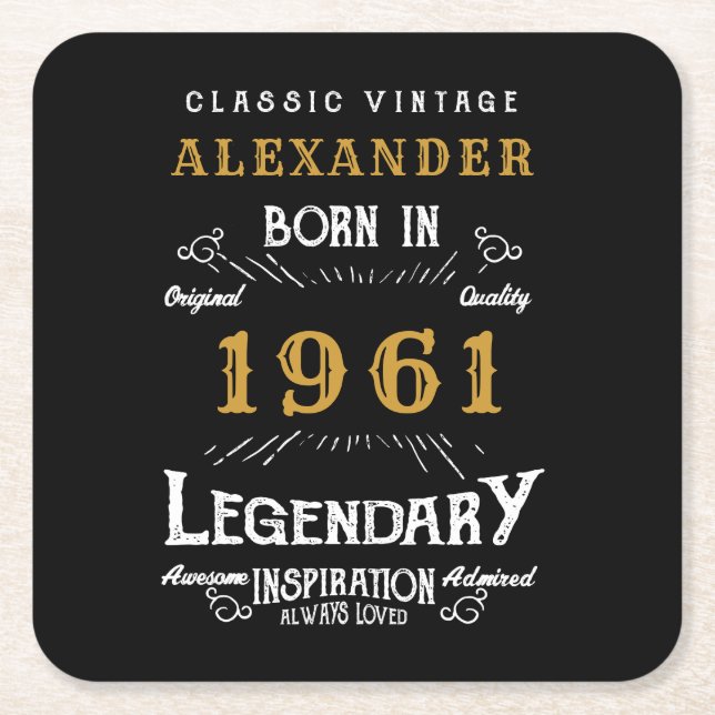 Dessous-de-verre Carré En Papier 60e anniversaire personnalisé Né en 1961 Noir Vint (Devant)