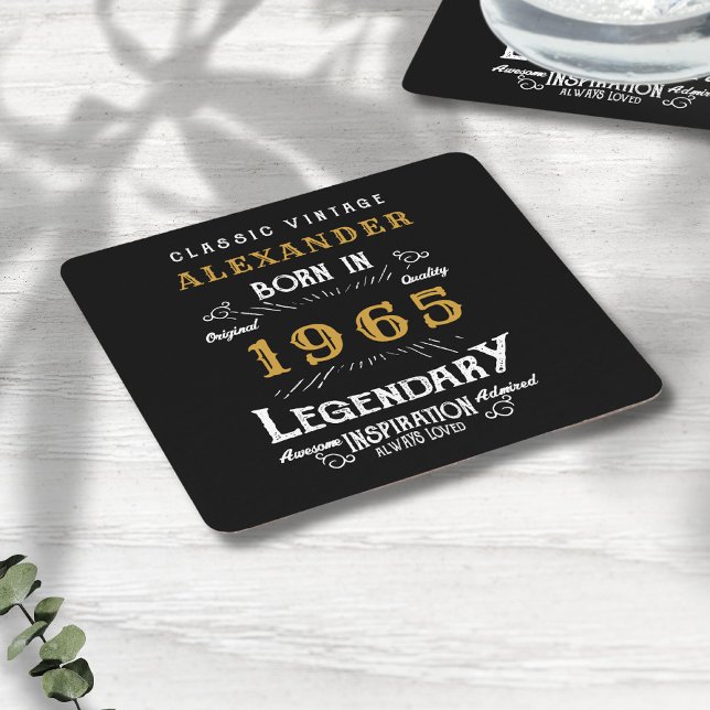 Dessous-de-verre Carré En Papier 60e anniversaire personnalisé Né en 1965 Noir Vint (60th birthday personalized coaster with name and year of birth.)