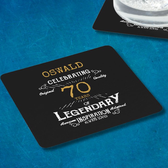 Dessous-de-verre Carré En Papier 70e anniversaire Black Gold Legendary Retro (A personalized elegant 70th birthday paper coaster)