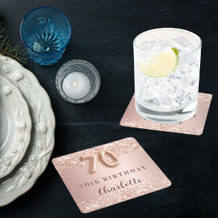 Dessous-de-verre Carré En Papier 70e anniversaire rose or blush nom