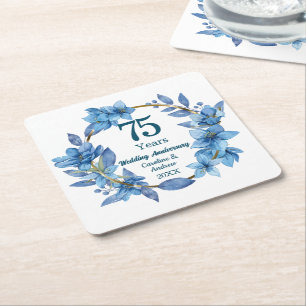 Dessous-de-verre Carré En Papier 75e anniversaire de mariage élégant floral bleu