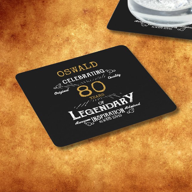 Dessous-de-verre Carré En Papier 80e anniversaire Black Gold Legendary Retro (A personalized elegant paper coaster that is easy to customize for that special 80th birthday party.)