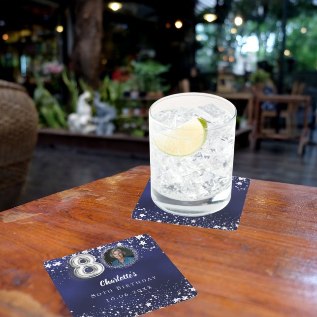 Dessous-de-verre Carré En Papier 80e anniversaire marine bleu argent étoiles photo (Créateur téléchargé)