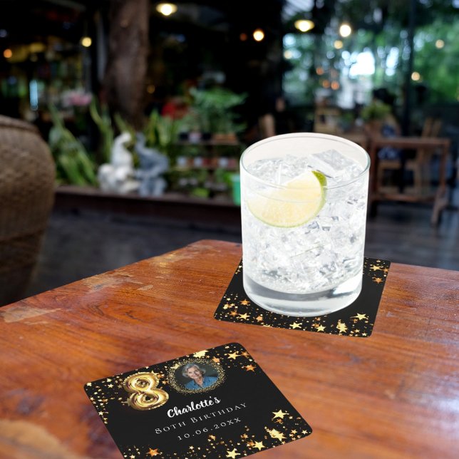 Dessous-de-verre Carré En Papier 80e anniversaire noir étoiles d'or photo (Créateur téléchargé)