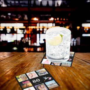 Dessous-de-verre Carré En Papier 80e anniversaire photo collage noir