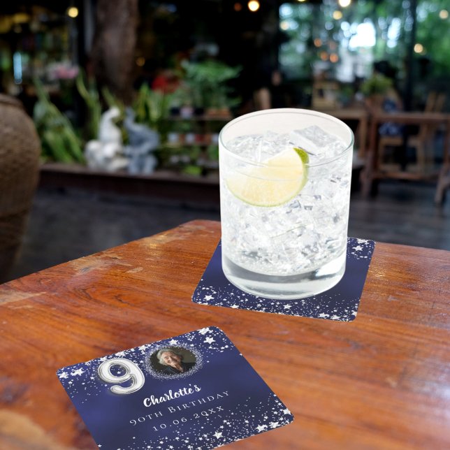 Dessous-de-verre Carré En Papier 90e anniversaire marine bleu argent étoiles photo (Créateur téléchargé)