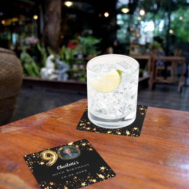 Dessous-de-verre Carré En Papier 90e anniversaire noir étoiles d'or photo (Créateur téléchargé)