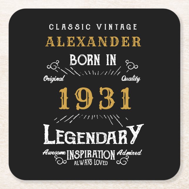 Dessous-de-verre Carré En Papier 90e anniversaire personnalisé Né en 1931 Noir Vint (Devant)
