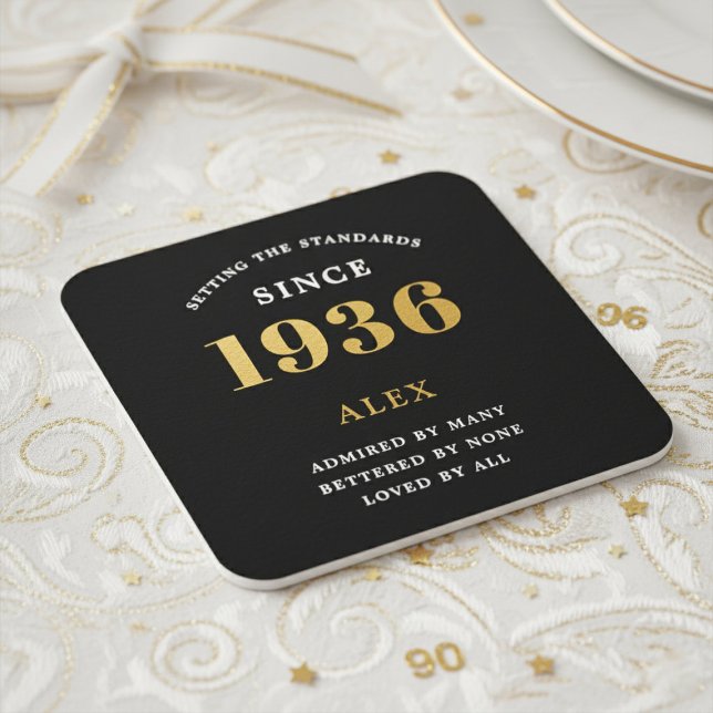 Dessous-de-verre Carré En Papier 90th Birthday Name 1936 Year Black Gold Custom (1936 paper coaster. White background.)