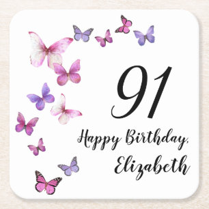 Dessous-de-verre Carré En Papier 91e Anniversaire Papillons Rose Violet 