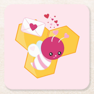 Dessous-de-verre Carré En Papier Abeille mignonne aux Coeurs de Saint-Valentin rose