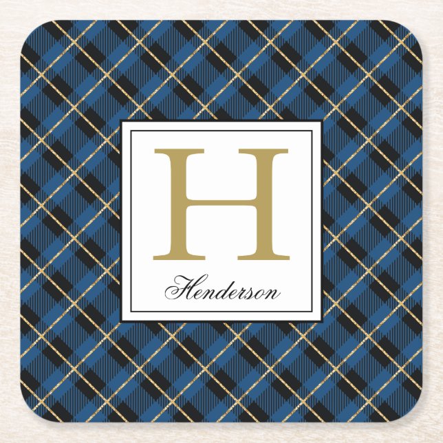 Dessous-de-verre Carré En Papier Accents dorés à cristal bleu moderne, Monogramme (Devant)