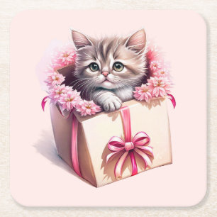 Dessous-de-verre Carré En Papier Adorable Kitten dans une boîte Cadeau d'anniversai