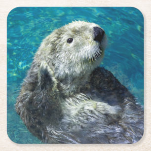 Dessous-de-verre Carré En Papier Adorable Otter de mer Mignonne Eau Bleue