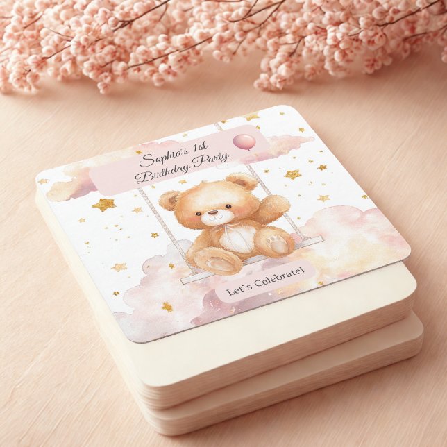Dessous-de-verre Carré En Papier Adorable Teddy Bear Birthday – Custom Coaster (Créateur téléchargé)